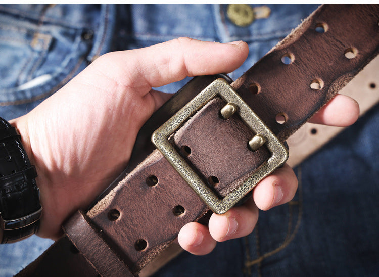 American Style Thickened Top Layer Cowhide Men's Copper Buckle Belt Double Pin Buckle Vintage Handmade Italian Genuine Leather Belt Simple