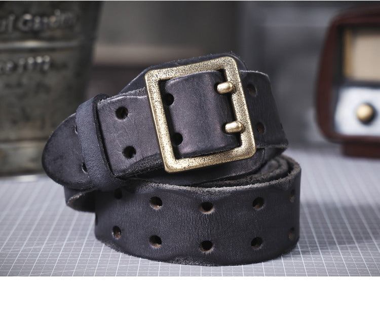 American Style Thickened Top Layer Cowhide Men's Copper Buckle Belt Double Pin Buckle Vintage Handmade Italian Genuine Leather Belt Simple