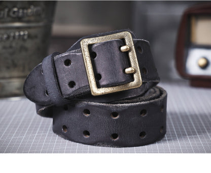 American Style Thickened Top Layer Cowhide Men's Copper Buckle Belt Double Pin Buckle Vintage Handmade Italian Genuine Leather Belt Simple