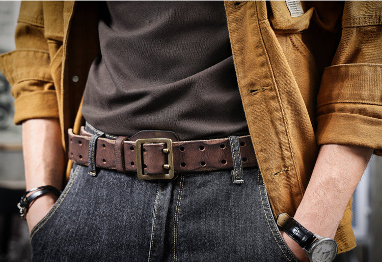 American Style Thickened Top Layer Cowhide Men's Copper Buckle Belt Double Pin Buckle Vintage Handmade Italian Genuine Leather Belt Simple