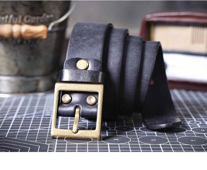 American Retro Thickened Top Layer Cowhide Belt for Men with Pure Copper Buckle, Pin Buckle, Handmade Italian Genuine Leather Belt
