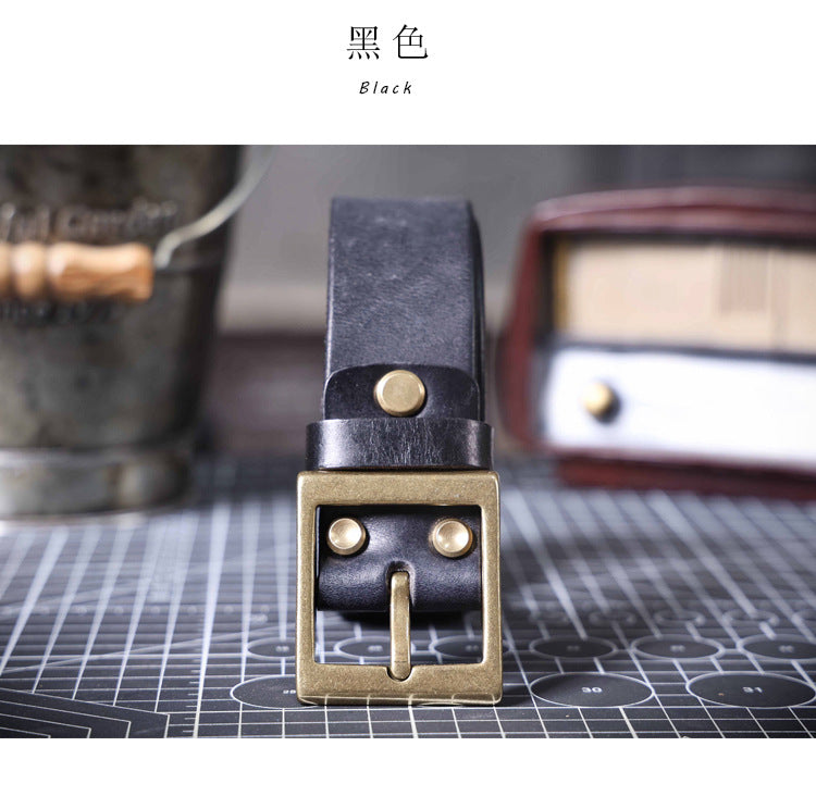 American Retro Thickened Top Layer Cowhide Belt for Men with Pure Copper Buckle, Pin Buckle, Handmade Italian Genuine Leather Belt