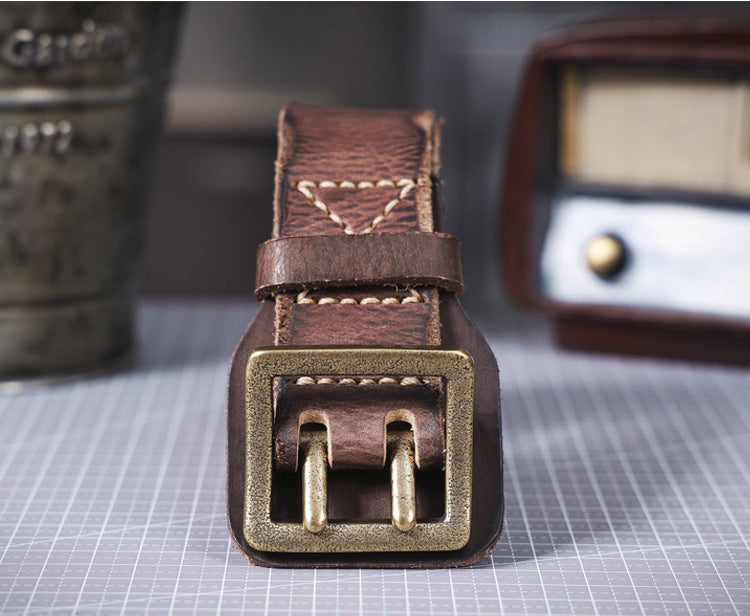 American Style Thickened Top Layer Cowhide Men's Copper Buckle Belt Double Pin Buckle Vintage Handmade Italian Genuine Leather Belt Simple