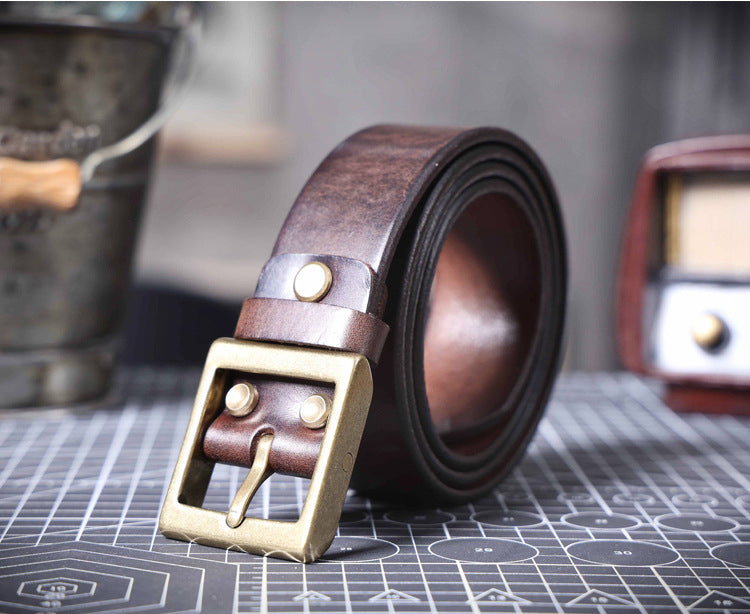 American Retro Thickened Top Layer Cowhide Belt for Men with Pure Copper Buckle, Pin Buckle, Handmade Italian Genuine Leather Belt