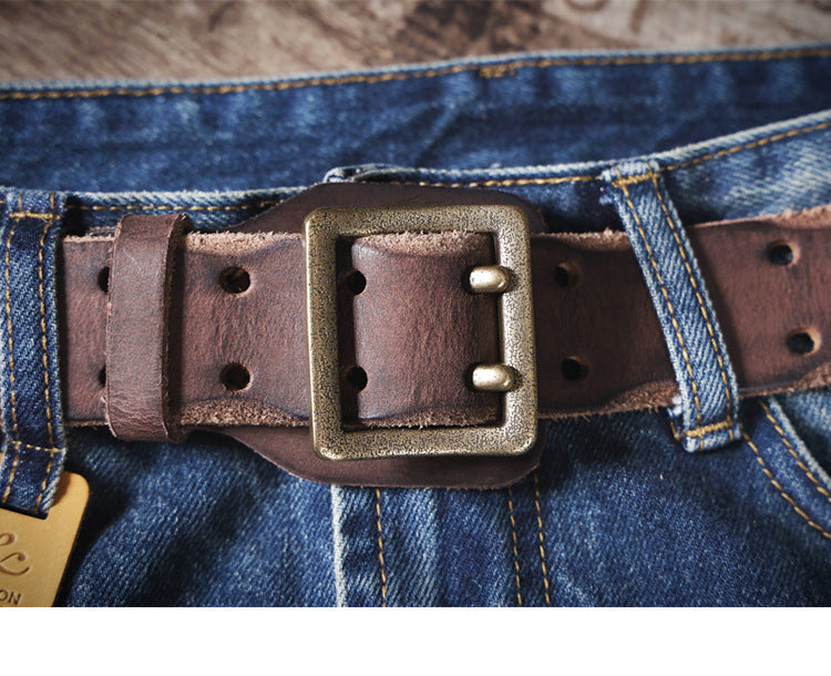 American Style Thickened Top Layer Cowhide Men's Copper Buckle Belt Double Pin Buckle Vintage Handmade Italian Genuine Leather Belt Simple
