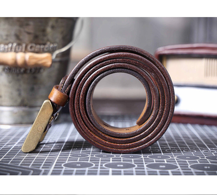American Retro Thickened Top Layer Cowhide Belt for Men with Pure Copper Buckle, Pin Buckle, Handmade Italian Genuine Leather Belt