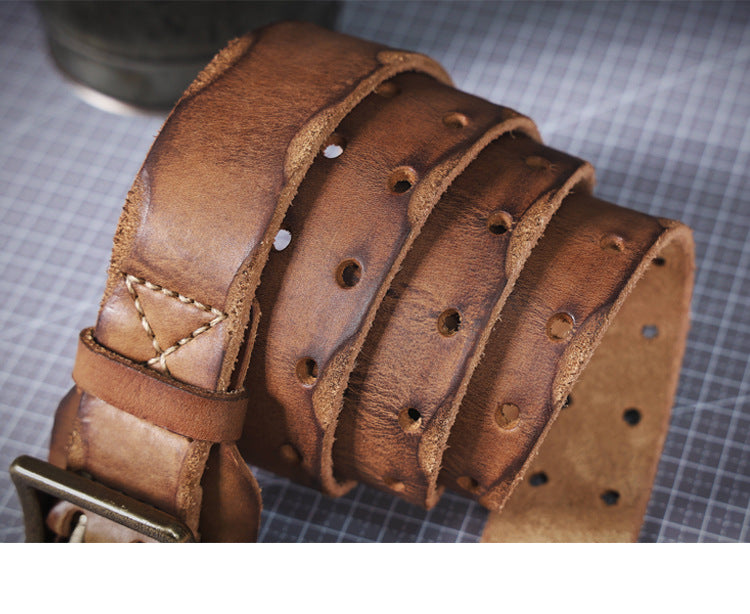 American Style Thickened Top Layer Cowhide Men's Copper Buckle Belt Double Pin Buckle Vintage Handmade Italian Genuine Leather Belt Simple