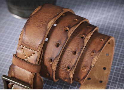 American Style Thickened Top Layer Cowhide Men's Copper Buckle Belt Double Pin Buckle Vintage Handmade Italian Genuine Leather Belt Simple