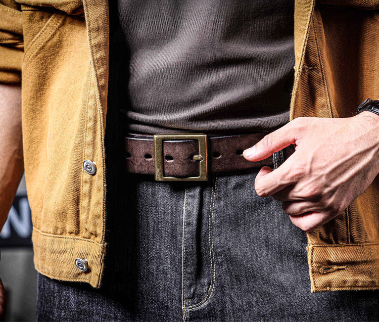 American Retro Thickened Top Layer Cowhide Belt for Men with Pure Copper Buckle, Pin Buckle, Handmade Italian Genuine Leather Belt