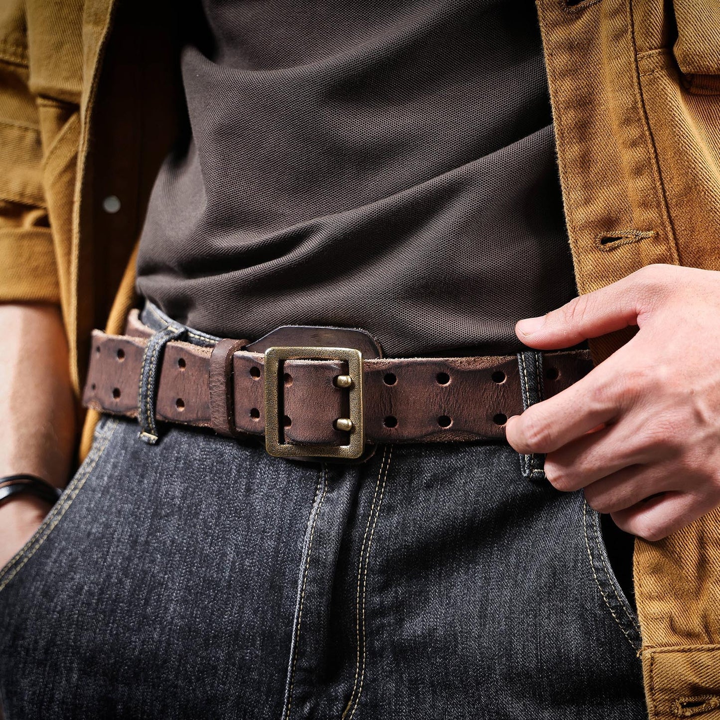 American Style Thickened Top Layer Cowhide Men's Copper Buckle Belt Double Pin Buckle Vintage Handmade Italian Genuine Leather Belt Simple