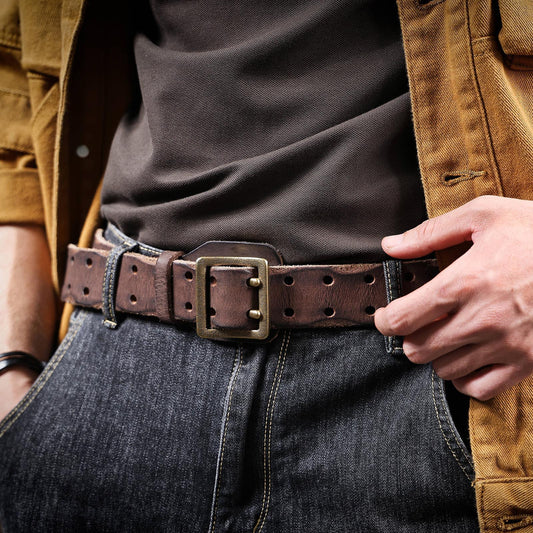 American Style Thickened Top Layer Cowhide Men's Copper Buckle Belt Double Pin Buckle Vintage Handmade Italian Genuine Leather Belt Simple