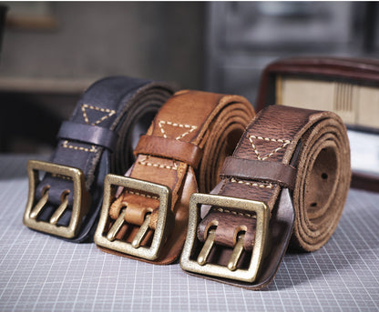 American Style Thickened Top Layer Cowhide Men's Copper Buckle Belt Double Pin Buckle Vintage Handmade Italian Genuine Leather Belt Simple